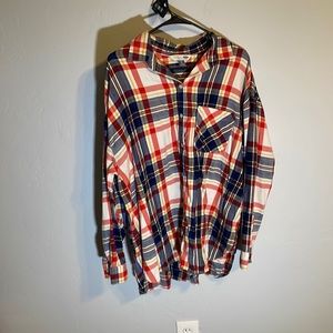 Old Navy Classic Boyfriend Flannel Blue Red Yellow